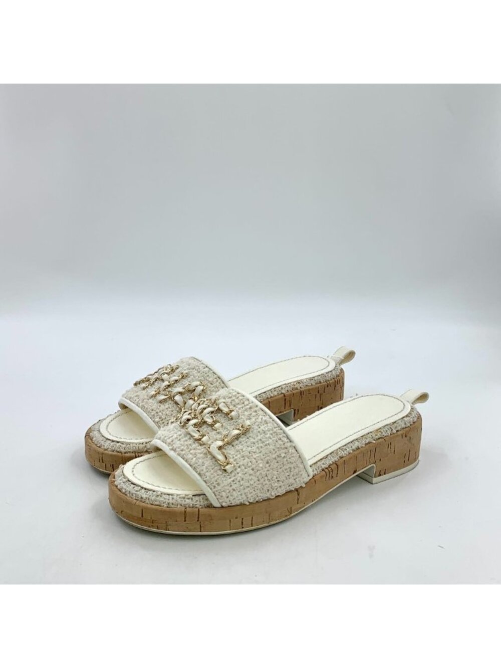 Chanel White Wool Chain Logo Slide Sandals